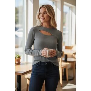 Bombom Gray Ribbed Long Sleeve Cutout Top Made in USA